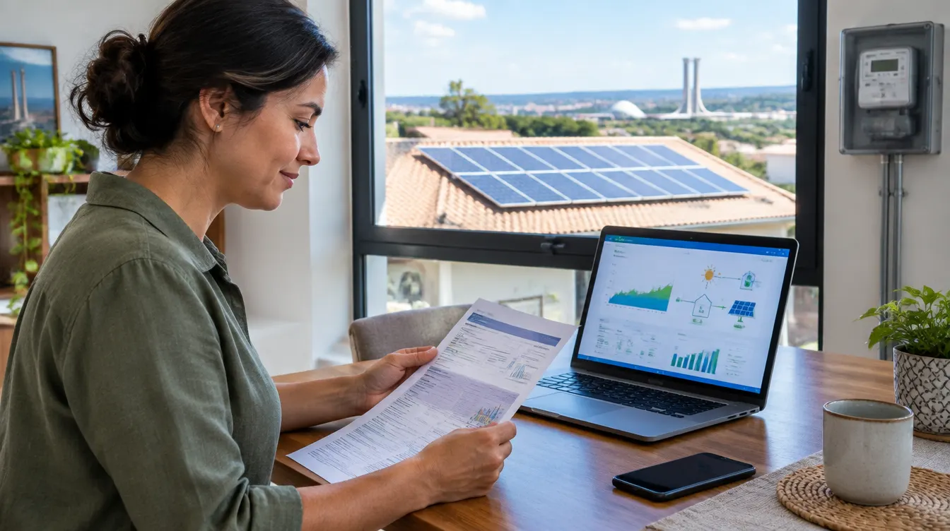 Consumidora confere a fatura de energia e os dados de um sistema solar em casa, em cena editorial ilustrativa.