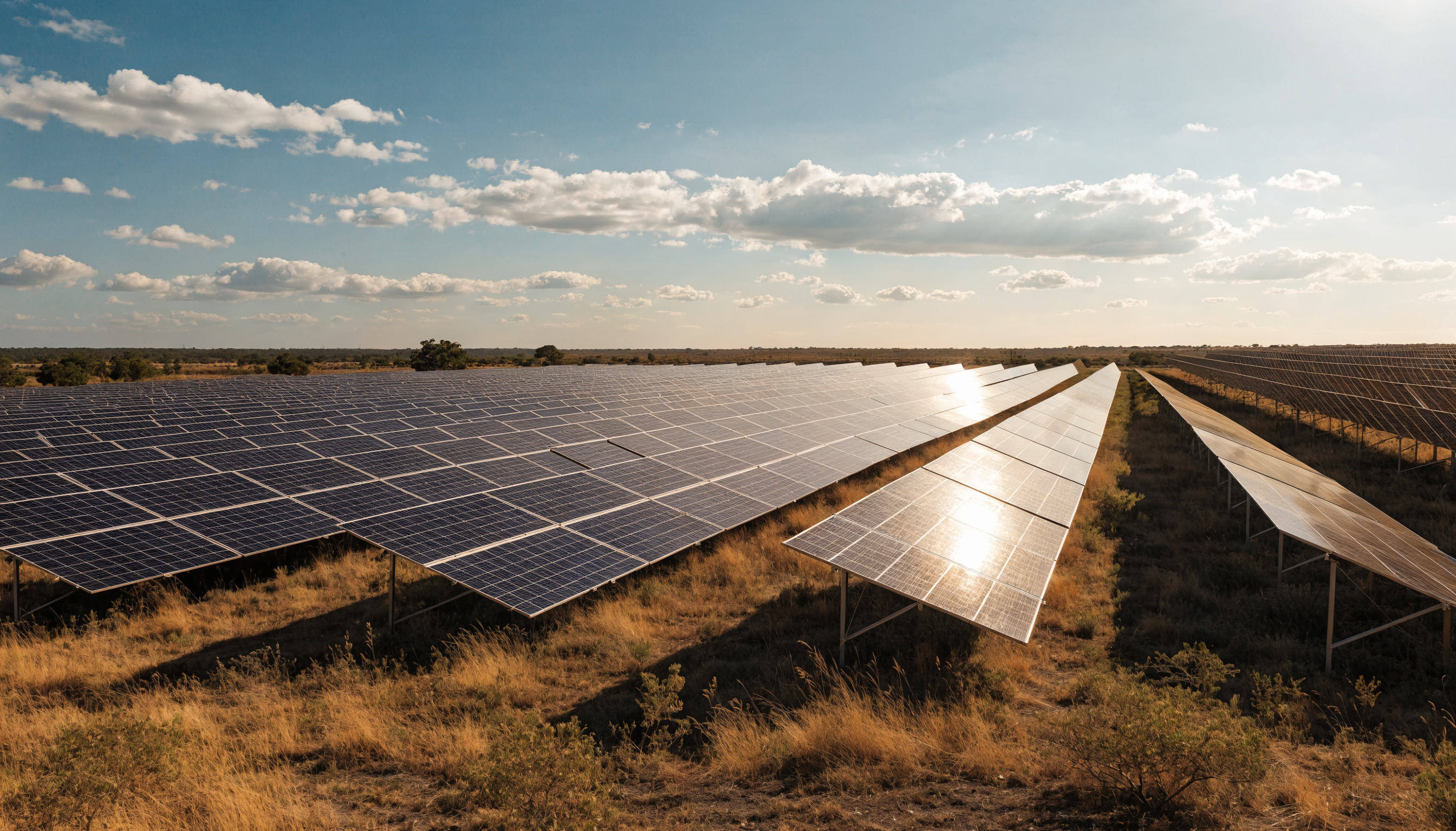 Painéis fotovoltaicos em campo aberto sob o sol forte do cerrado, simbolizando o cálculo de retorno do investimento em energia solar