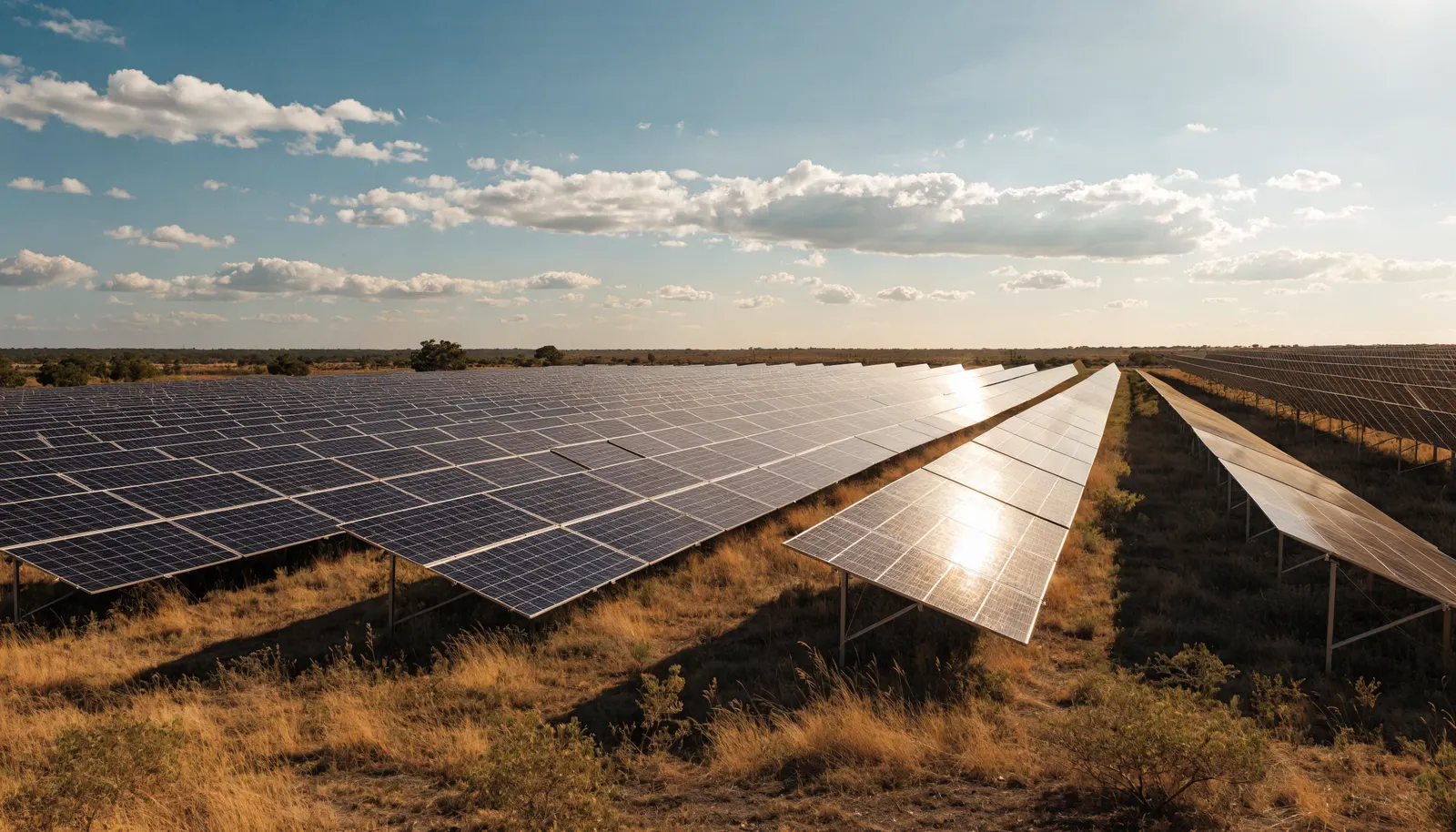 Painéis fotovoltaicos em campo aberto sob o sol forte do cerrado, simbolizando o cálculo de retorno do investimento em energia solar