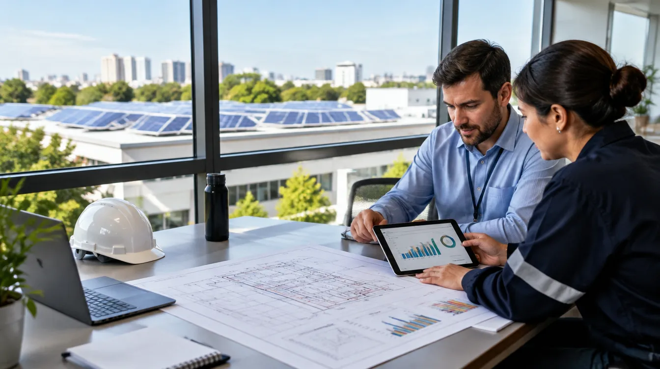 Engenheiros e gestores analisam um projeto elétrico e dados de consumo em um edifício comercial com painéis solares.