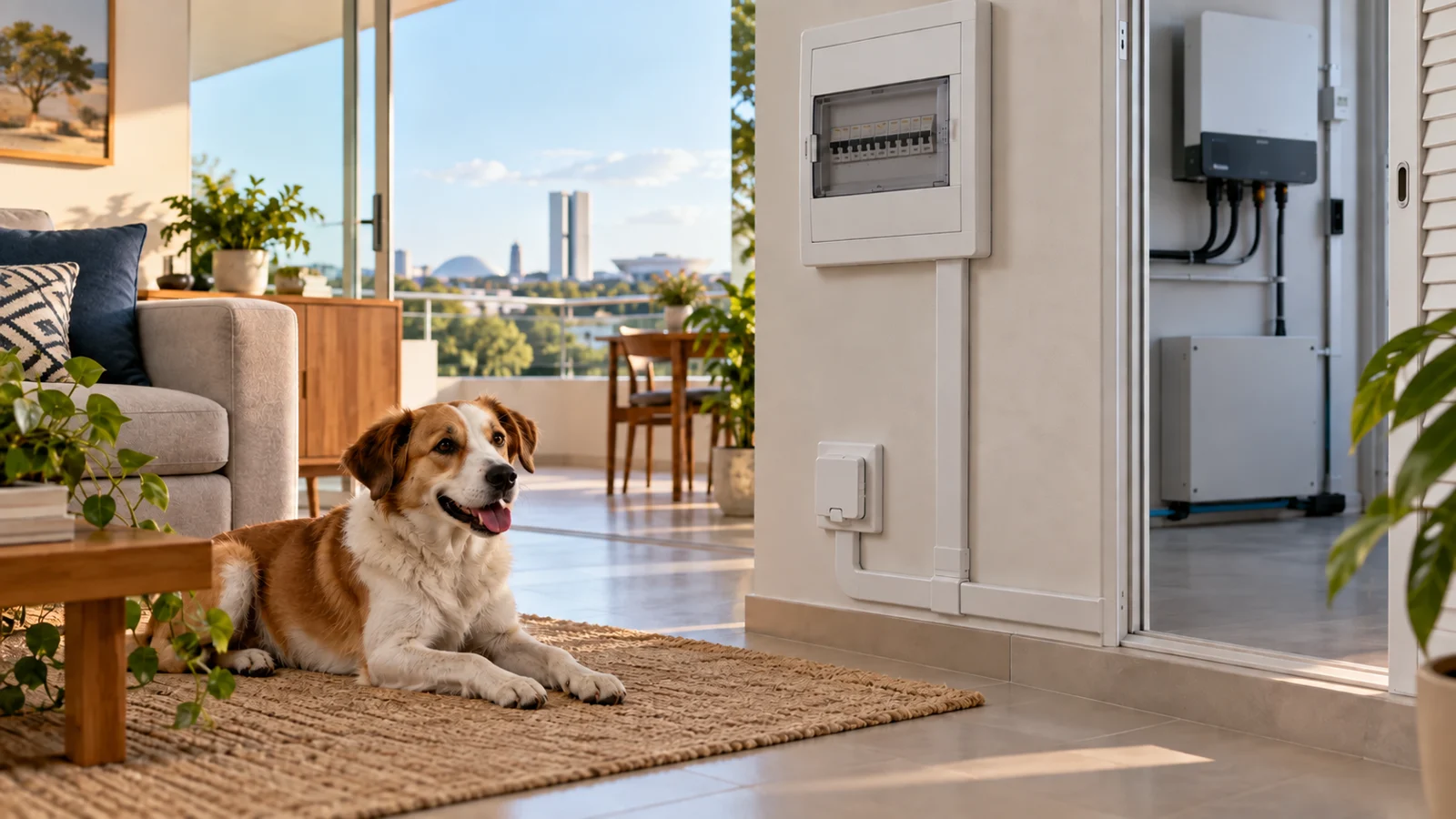 Cão em uma sala residencial com cabos organizados, tomadas protegidas e quadro elétrico ao fundo, em Brasília.
