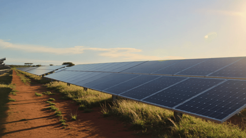 Fileiras de módulos fotovoltaicos de 550W recebendo forte incidência solar em campo aberto sob o céu do Cerrado