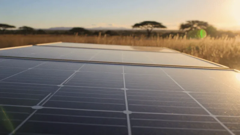 Camada de poeira fina do Cerrado sobre a superfície de um painel solar fotovoltaico sob luz forte do sol