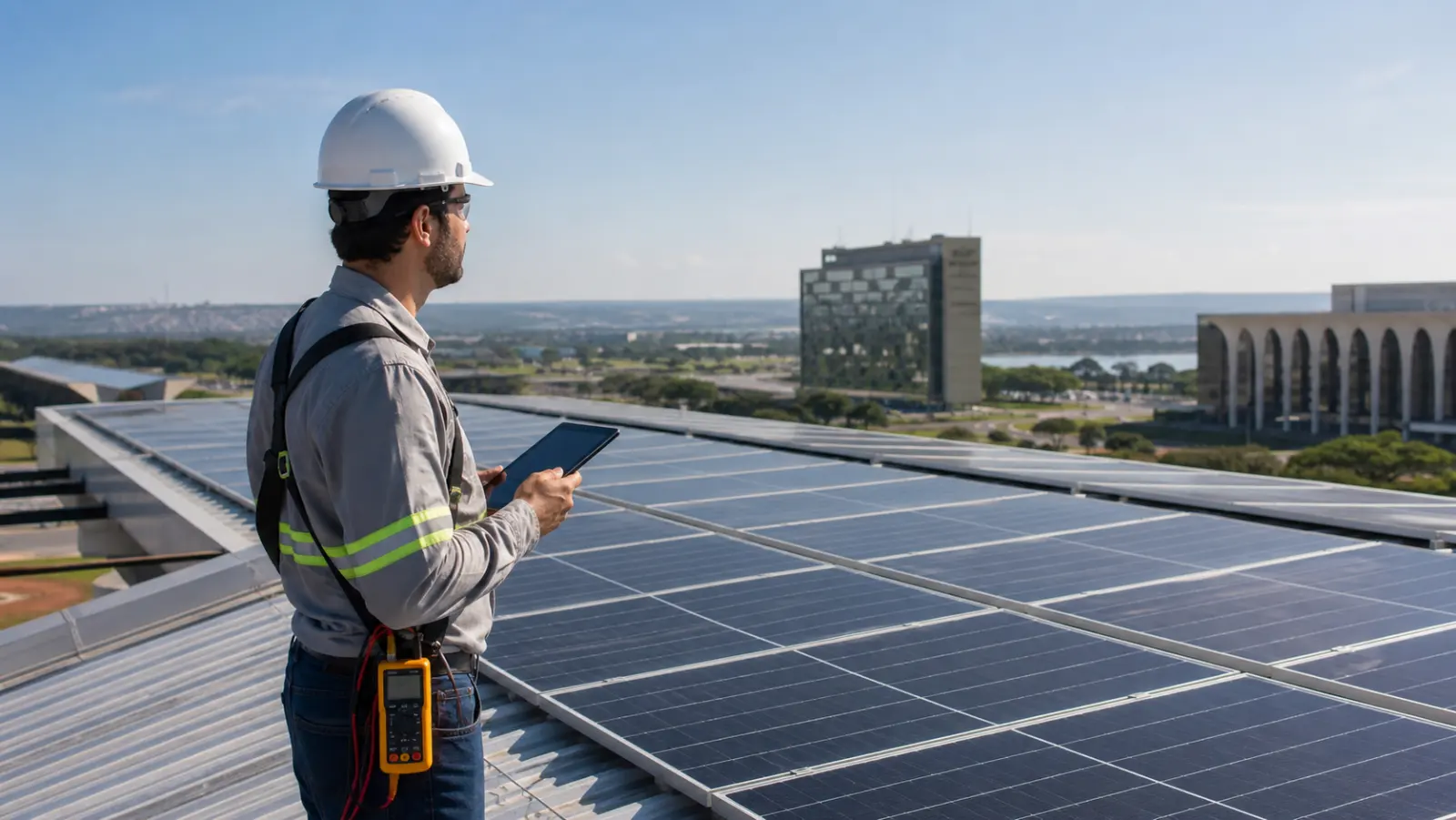 Engenheiro avaliando uma usina solar antes de sua ampliação em Brasília