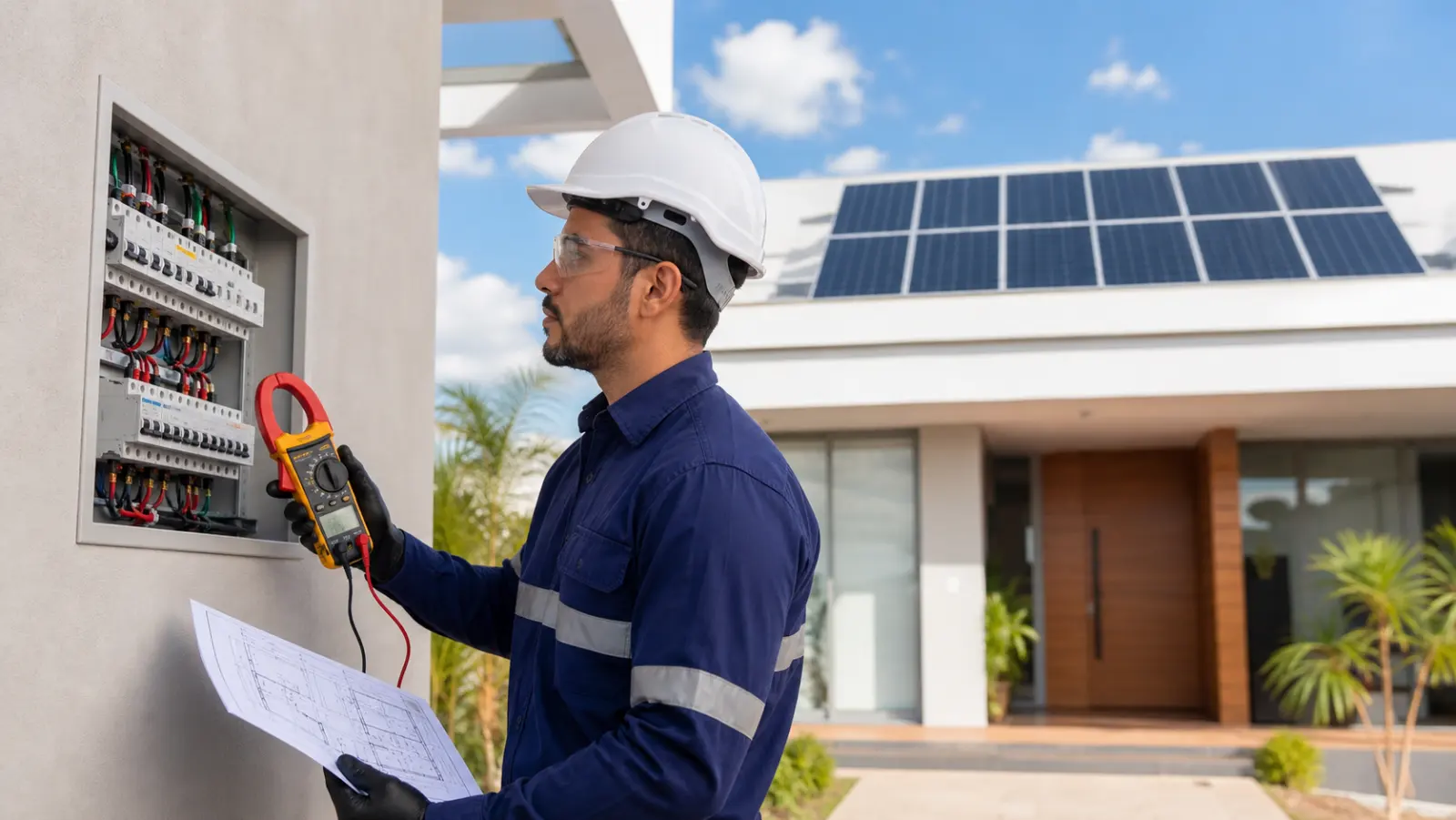 Profissional inspeciona quadro elétrico antes da instalação de energia solar