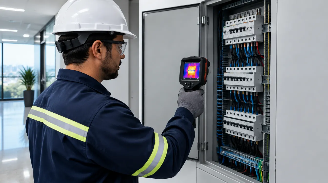 Profissional habilitado usa câmera termográfica para inspecionar um quadro elétrico em ambiente comercial.