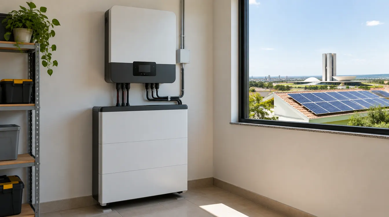 Sistema residencial ilustrativo com inversor híbrido, bateria e painéis solares em Brasília.