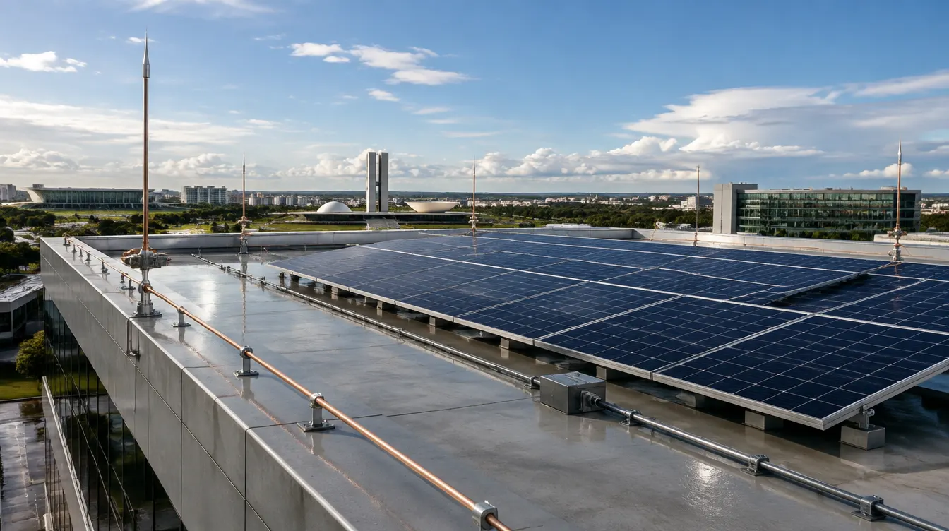 Cobertura comercial com painéis solares e elementos de proteção contra descargas atmosféricas, em cena editorial ilustrativa.