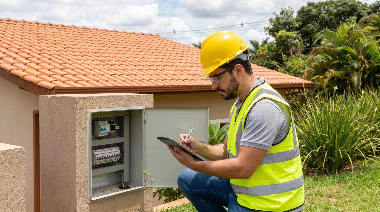 Engenheiro inspeciona quadro elétrico residencial antes de um projeto de energia solar.